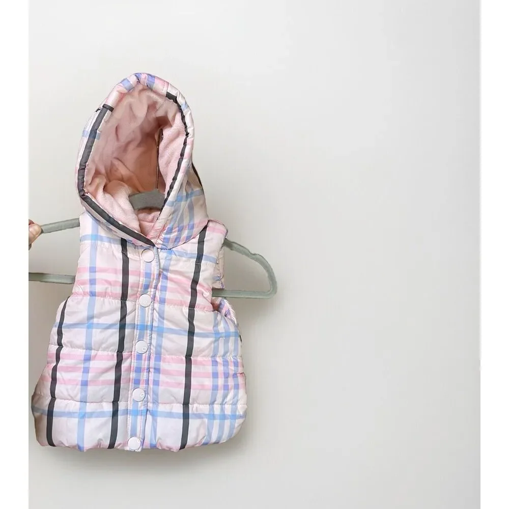 Gymboree Girls Puffer Vest 2T-3T Fleece Lined Pink Purple Plaid Hood Winter Snap